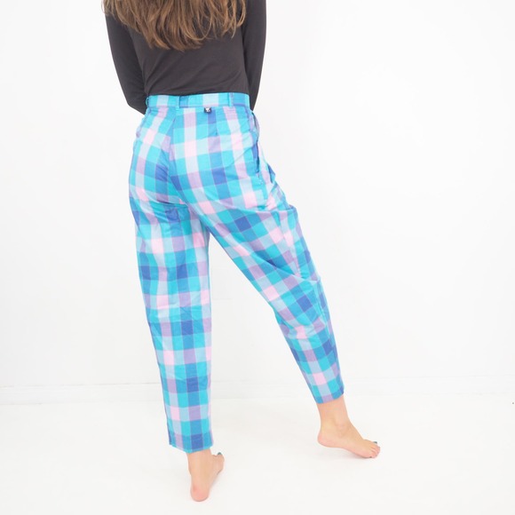 80s Vintage Plaid Trousers‎ Pink and Blue Check Cropped Slacks Size 4 Waist 27 - Picture 5 of 9